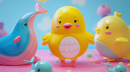 A yellow chick figurine with a big smile stands on a pink and blue background, surrounded by three colorful cartoon whale figurines.の素材