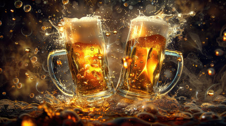 Exciting clash of two beer glasses with bubbles, set against a visually interesting 3D background.の素材