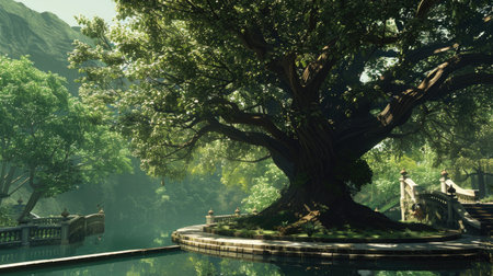Grand Chamchuri tree with a sturdy trunk and lush branches and leaves, showcased in a tranquil, natural setting.の素材