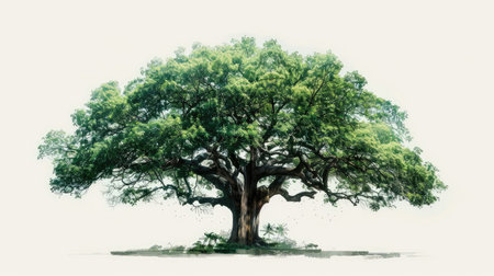 One enormous rainforest tree offering shade, depicted on an abstract white background, emphasizing its size and natural beauty.の素材