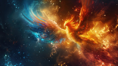 Mythical phoenix rising from cosmic embers, an artistic portrayal with bright colors and dynamic compositionの素材