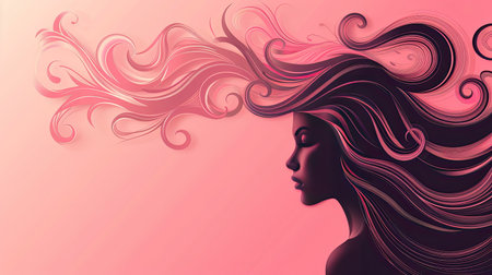 Elegant silhouette of a woman with long hair, faceless, on a pink background with a detailed 3D vector illustration backdrop.の素材