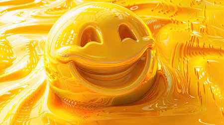 One prominent yellow smiley icon on a dynamic yellow abstract background in 3D, exuding joy and brightness.の素材