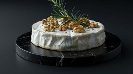 Luxurious Camembert cheese with striking walnuts and rosemary, displayed on a black stand with a sophisticated 3D black background.の素材