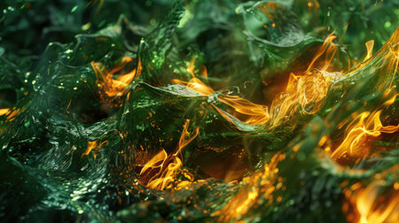 3D image of burning green rubber, showcasing detailed flames and realistic textures in a dynamic composition.の素材
