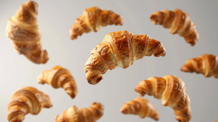 Fresh and delicious croissants falling in the air, isolated against a plain background. Perfect representation of breakfast time and popular croissant bread.の素材