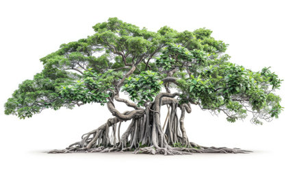 Stately Chamchuri tree with a significant trunk and beautifully arranged branches and leaves, presented on a white background.の素材