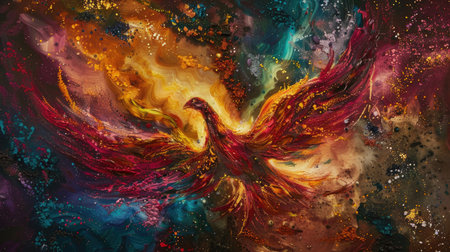 Phoenix rebirth amidst colorful cosmic embers, an artistic and mythological representation with vibrant hues.の素材