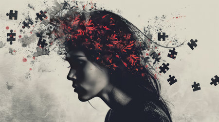 Intriguing image of a woman with a fragmented mind, illustrated by puzzle pieces emerging from her head, symbolizing complexity.の素材