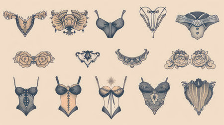 Collection of retro-styled, hand-drawn vector logos for bras, panties, and underwear, divided into 3 elegant vintage sets.の素材