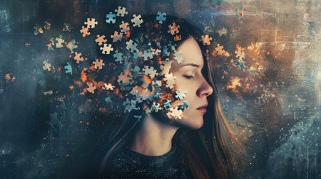 Woman's head with jigsaw puzzle pieces emerging, a conceptual image representing a fragmented mind and intricate thoughts.の素材