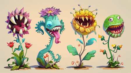 Cartoon vector illustration of game and fairy tale fantasy monster plants with creepy flower heads and sharp teethの素材