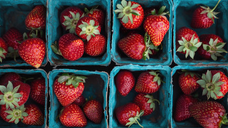 Fresh, juicy strawberries at a local farmers market, captured in close-up to highlight their vibrant color and textureの素材
