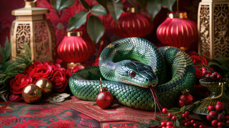 Elegant green snake in a festive setting, surrounded by red and gold colors, lanterns, and traditional patterns for Chinese New Yearの素材