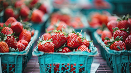 Close-up of fresh strawberries for sale at a farmers market, vibrant red and juicy, displayed in rustic baskets.の素材