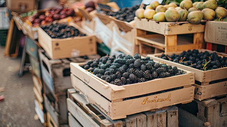 Paper boxes filled with fresh blackberries at a market, promoting organic and healthy eating in a vintage hipster themeの素材