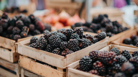 Fresh blackberries at a market in paper boxes, showcasing local, organic, and healthy food in a vintage hipster styleの素材