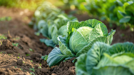 A row of young cabbage growing beautifully on a farm on a sunny day, showcasing nature's bounty and agricultural beauty.の素材