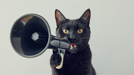 Black cat holding a megaphone on a white background, great for fun and vibrant announcements.の素材