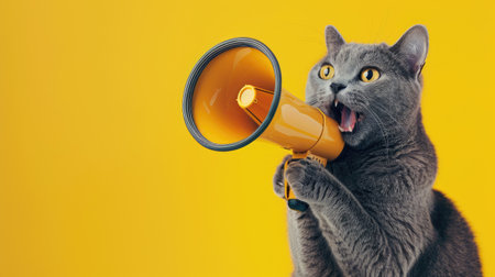 Grey cat with a megaphone on a vibrant yellow background, radiating fun and excitement, great for promotions.の素材