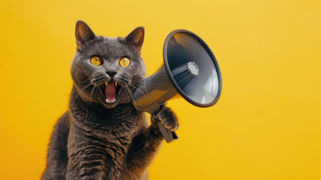 Energetic grey cat with a megaphone against a yellow backdrop, ideal for playful and attention-grabbing announcements.の素材