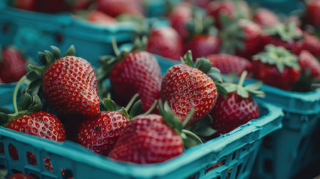 Fresh, juicy strawberries at a local farmers market, captured in close-up to highlight their vibrant color and textureの素材