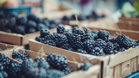 Fresh blackberries at a market in paper boxes, showcasing local, organic, and healthy food in a vintage hipster styleの素材