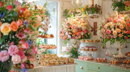 Beautiful floral decorations at Peggy Porschen bakery in Belgravia, showcasing the Chelsea in Bloom annual floral exhibition.の素材