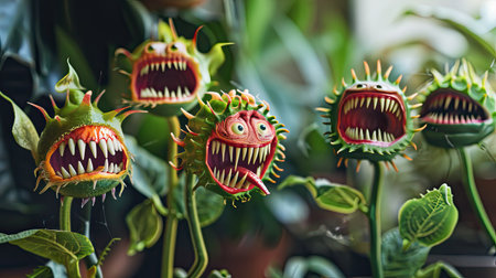 Scary monster plants with horrible carnivorous flower heads, mouths, teeth, and eyes on green stems with leavesの素材