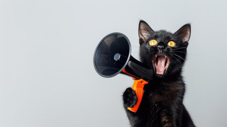 Energetic black cat with a megaphone against a white background, perfect for promotional useの素材