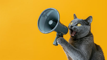 Energetic grey cat with a megaphone against a yellow backdrop, ideal for playful and attention-grabbing announcements.の素材