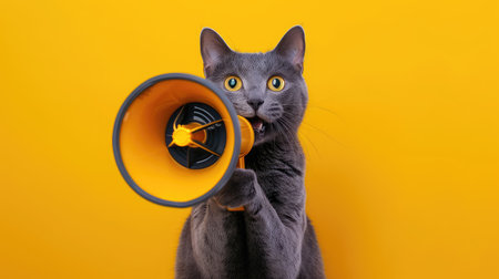 Grey cat with wide eyes holding a megaphone against a vibrant yellow background, creating a fun and energetic announcementの素材