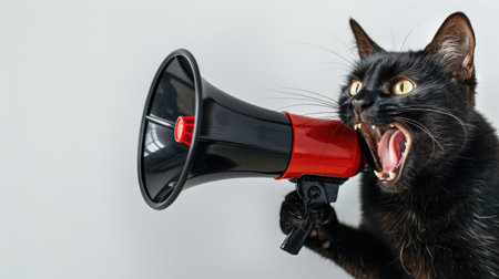 Fun and lively black cat with a megaphone against a clean white backdrop, ideal for engaging messagesの素材