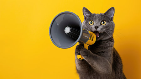 Grey cat with wide eyes holding a megaphone against a vibrant yellow background, creating a fun and energetic announcementの素材