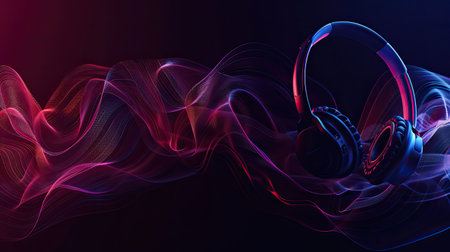 Dynamic sound waves and headphones on a dark background, ideal for creating an engaging podcast banner.の素材