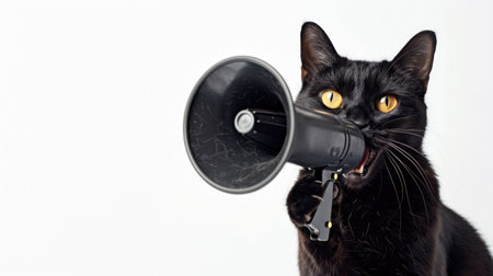 Black cat holding a megaphone on a white background, great for fun and vibrant announcements.の素材