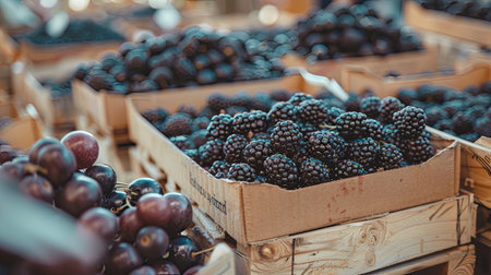 Market display of fresh blackberries in paper boxes, emphasizing organic and healthy eating in a vintage hipster aestheticの素材