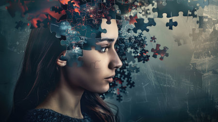 Visual representation of a woman's fragmented mind, with jigsaw puzzle pieces creating a striking and thought-provoking image.の素材