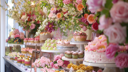 Peggy Porschen bakery in Belgravia decorated with a spectacular floral display for the Chelsea in Bloom annual floral exhibition.の素材