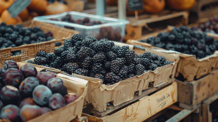 Market display of fresh blackberries in paper boxes, emphasizing organic and healthy eating in a vintage hipster aestheticの素材