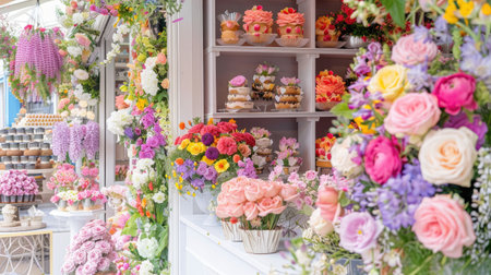 Peggy Porschen bakery adorned with vibrant flowers for the Chelsea in Bloom annual floral exhibition, located in Belgravia.の素材