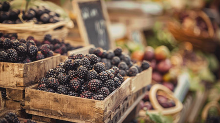 Vintage hipster style market scene with fresh blackberries in paper boxes, highlighting local and organic produce.の素材
