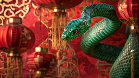 A green snake coiled gracefully with a festive red and gold backdrop, decorated with traditional Chinese lanterns and patterns.の素材