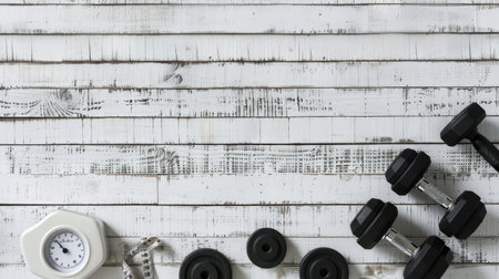 White wooden background featuring needle weight scale, waist tape measure, and dumbbells, laid out flat in a tidy arrangementの素材