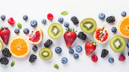 Assorted healthy fruits arranged on a white backdrop, top view, ideal for promoting nutritious eating habits.の素材