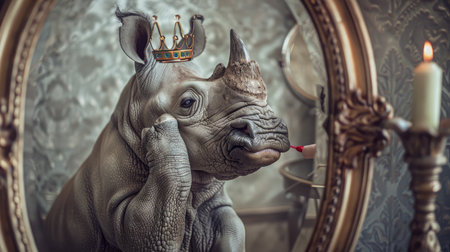 A rhino wearing a beautiful crown sits confidently in front of a mirror, applying red lipstick. Expressive dressing as a fashion leader. No peopleの素材