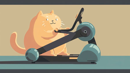 Chubby cat playfully interacting with an exercise machine, highlighting the cute and humorous side of fitness for pets. Ideal for light-hearted and pet-related designs.の素材