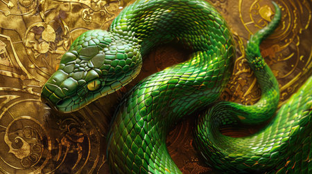 2025 banner with a green snake coiled around it, set against a luxurious and ornate golden backdrop.の素材