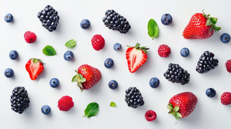 Assortment of vibrant berries like strawberries, blackberries, raspberries, and blueberries on a white background.の素材