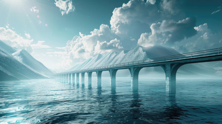 Sea landscape with a bridge extending to the horizon, creating a scenic and endless view over the water.の素材